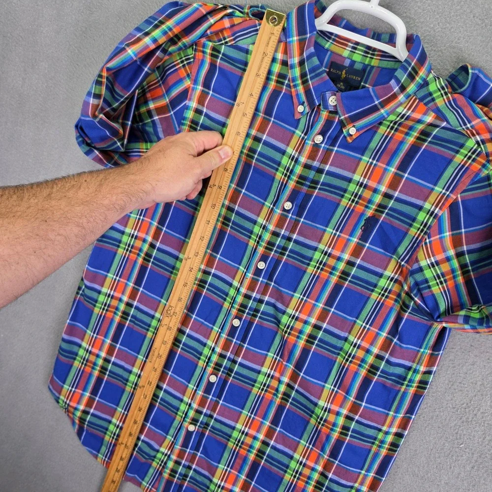 Ralph Lauren Shirt Madras Plaid Blue Orange Green XL Boys Cotton Button Down RL